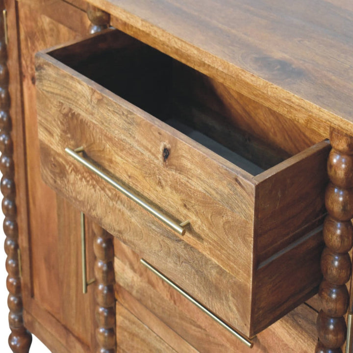 Spindle Sideboard - Solid Mango Wood Storage Cabinet in Amber Oak - product view 6 showing handcrafted solid mango wood...
