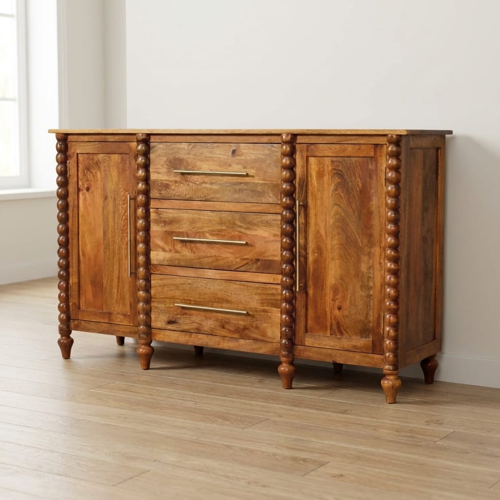 Spindle Sideboard - Solid Mango Wood Storage Cabinet in Amber Oak - main view showing handcrafted solid mango wood sideboard