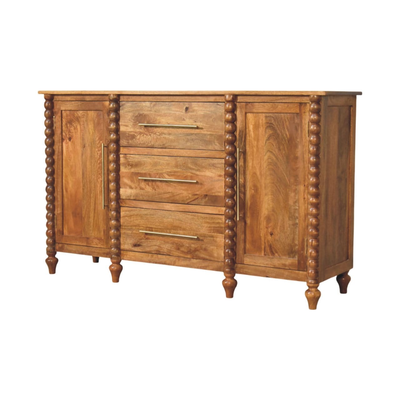 Spindle Sideboard - Solid Mango Wood Storage Cabinet in Amber Oak - product view 2 showing handcrafted solid mango wood...