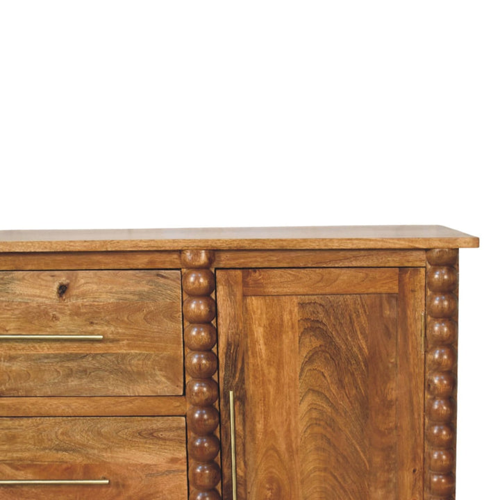 Spindle Sideboard - Solid Mango Wood Storage Cabinet in Amber Oak - product view 4 showing handcrafted solid mango wood...