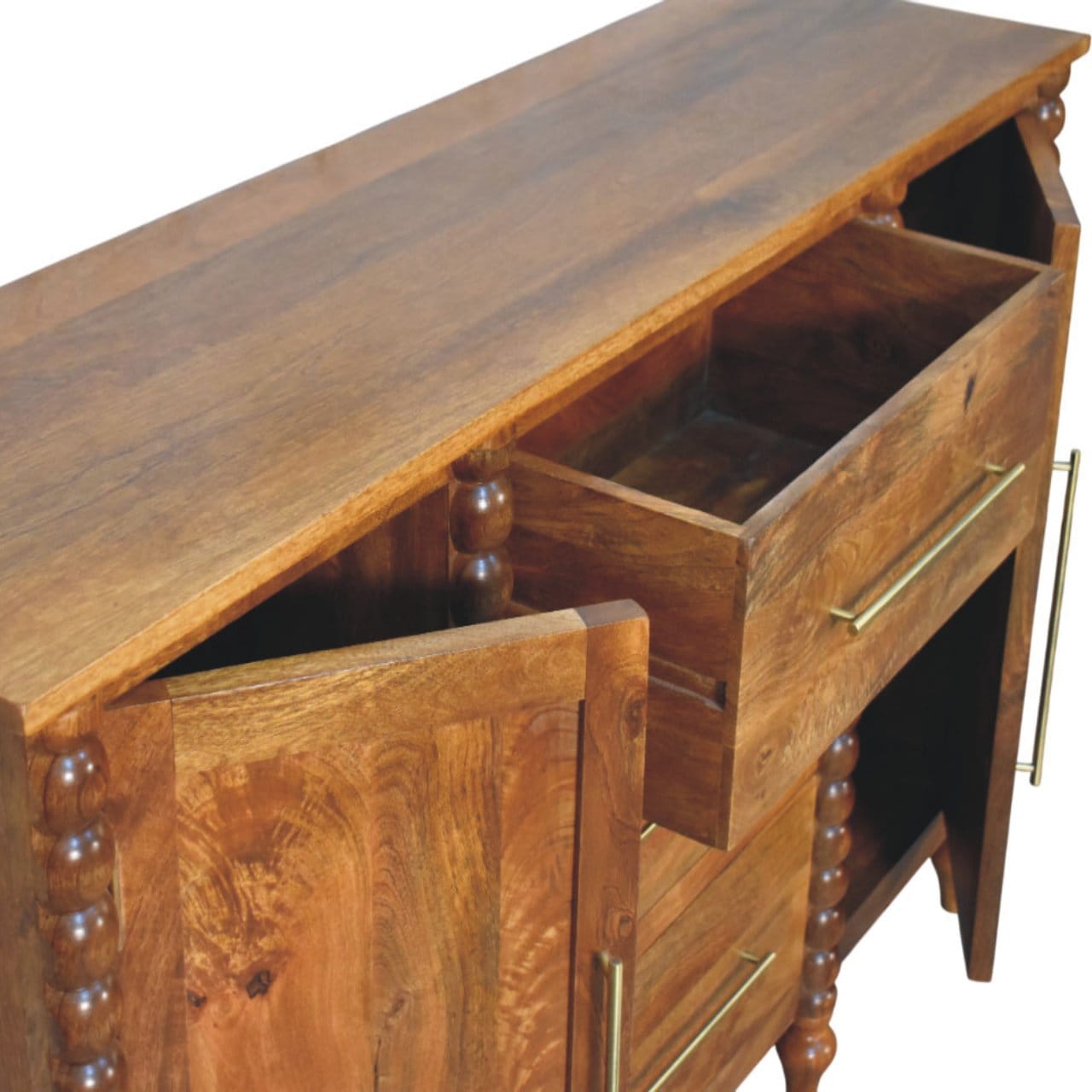 Spindle Sideboard - Solid Mango Wood Storage Cabinet in Amber Oak - product view 7 showing handcrafted solid mango wood...