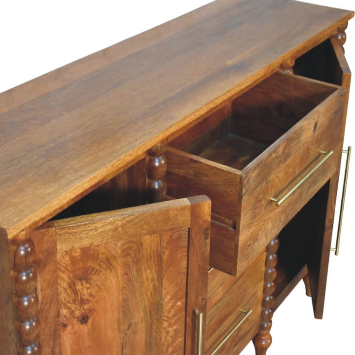 Spindle Sideboard - Solid Mango Wood Storage Cabinet in Amber Oak - product view 7 showing handcrafted solid mango wood...