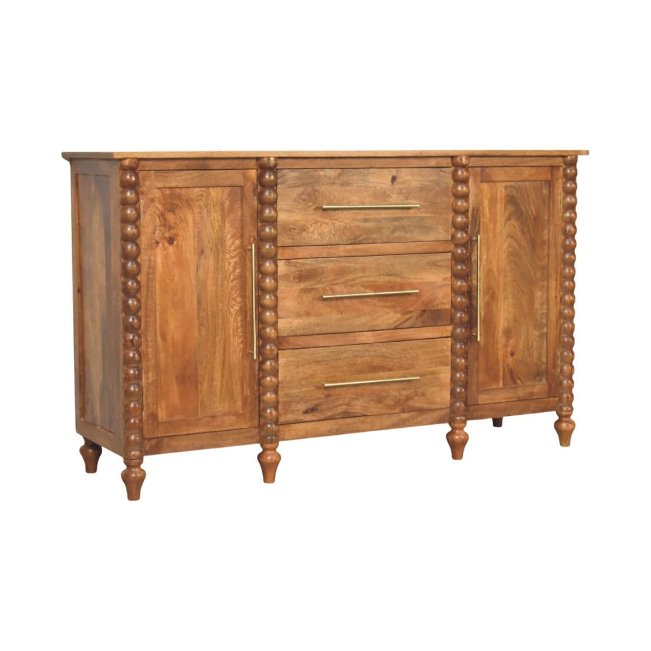 Spindle Sideboard - Solid Mango Wood Storage Cabinet in Amber Oak - product view 3 showing handcrafted solid mango wood...