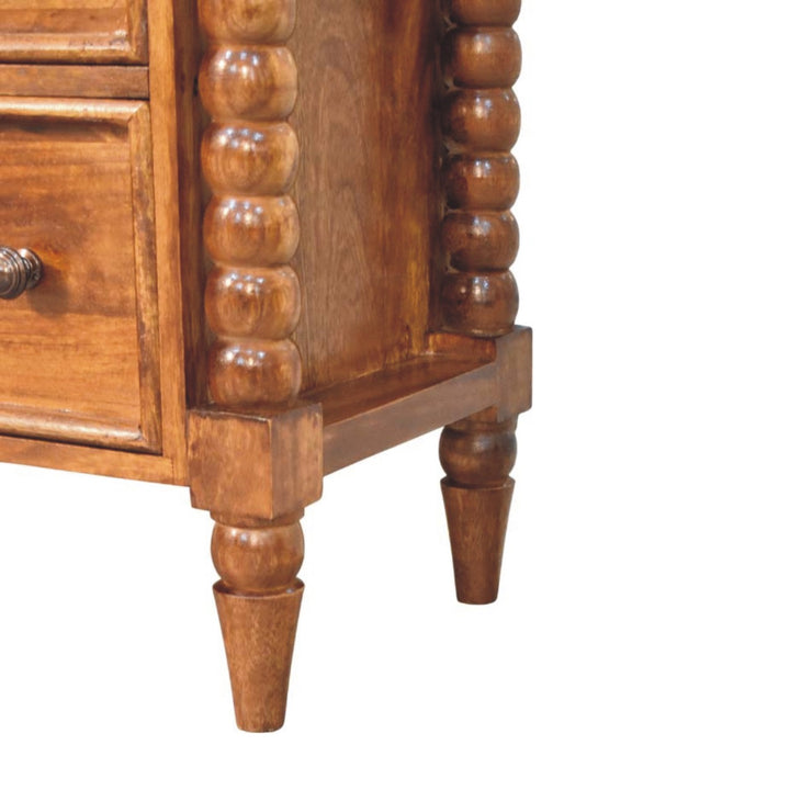 Chestnut Spindle Storage Chest in Solid Mango Wood - product view 6 showing handcrafted solid mango wood dresser