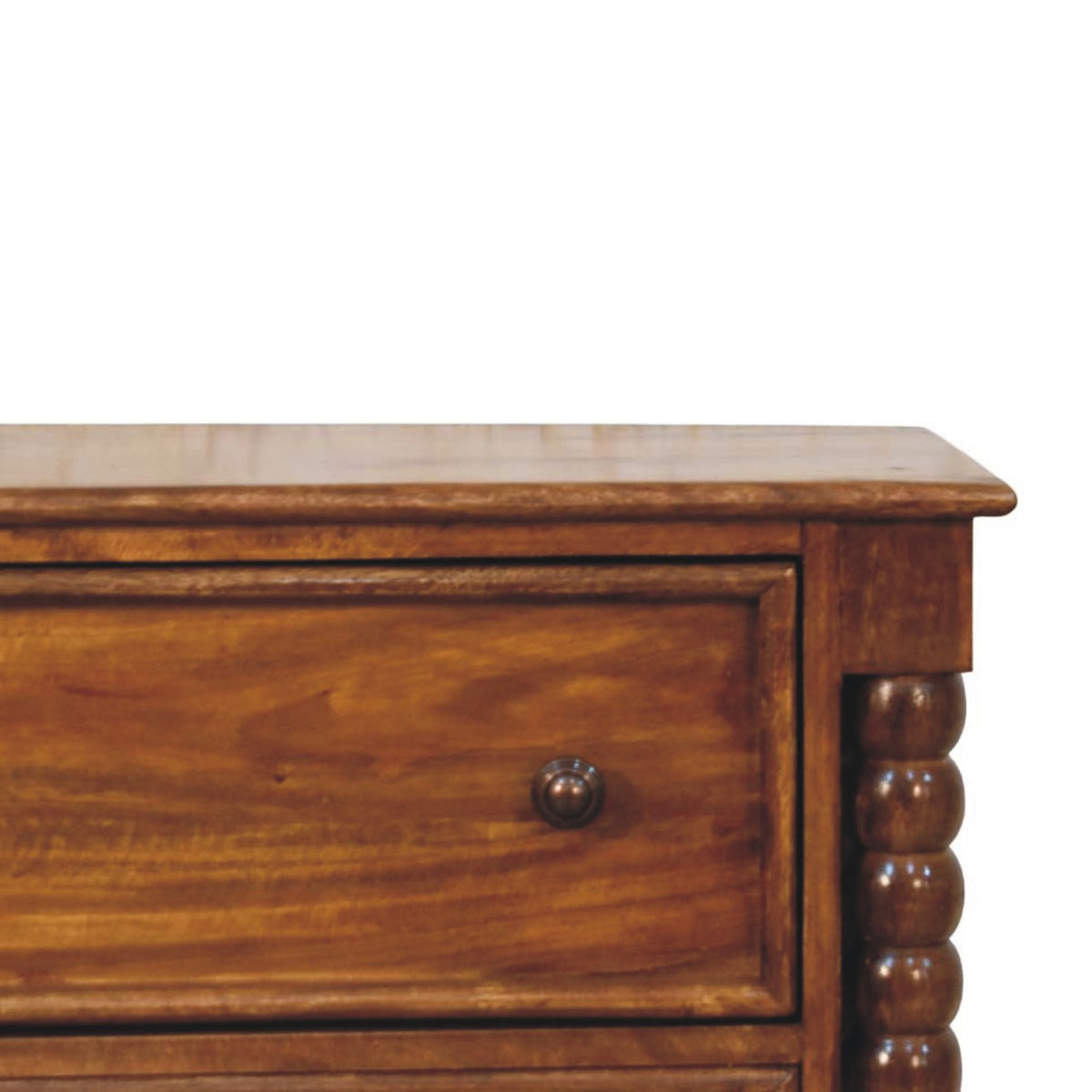 Chestnut Spindle Storage Chest in Solid Mango Wood - product view 3 showing handcrafted solid mango wood dresser