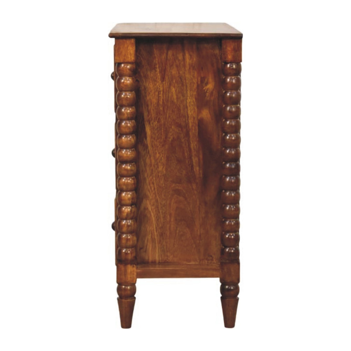 Chestnut Spindle Storage Chest in Solid Mango Wood - product view 7 showing handcrafted solid mango wood dresser