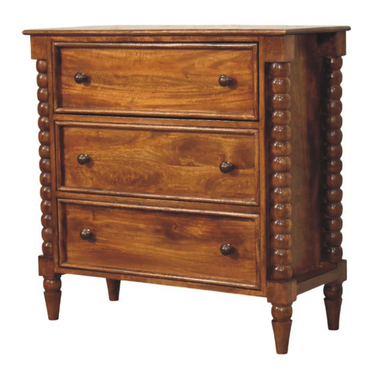 Chestnut Spindle Storage Chest in Solid Mango Wood - product view 2 showing handcrafted solid mango wood dresser