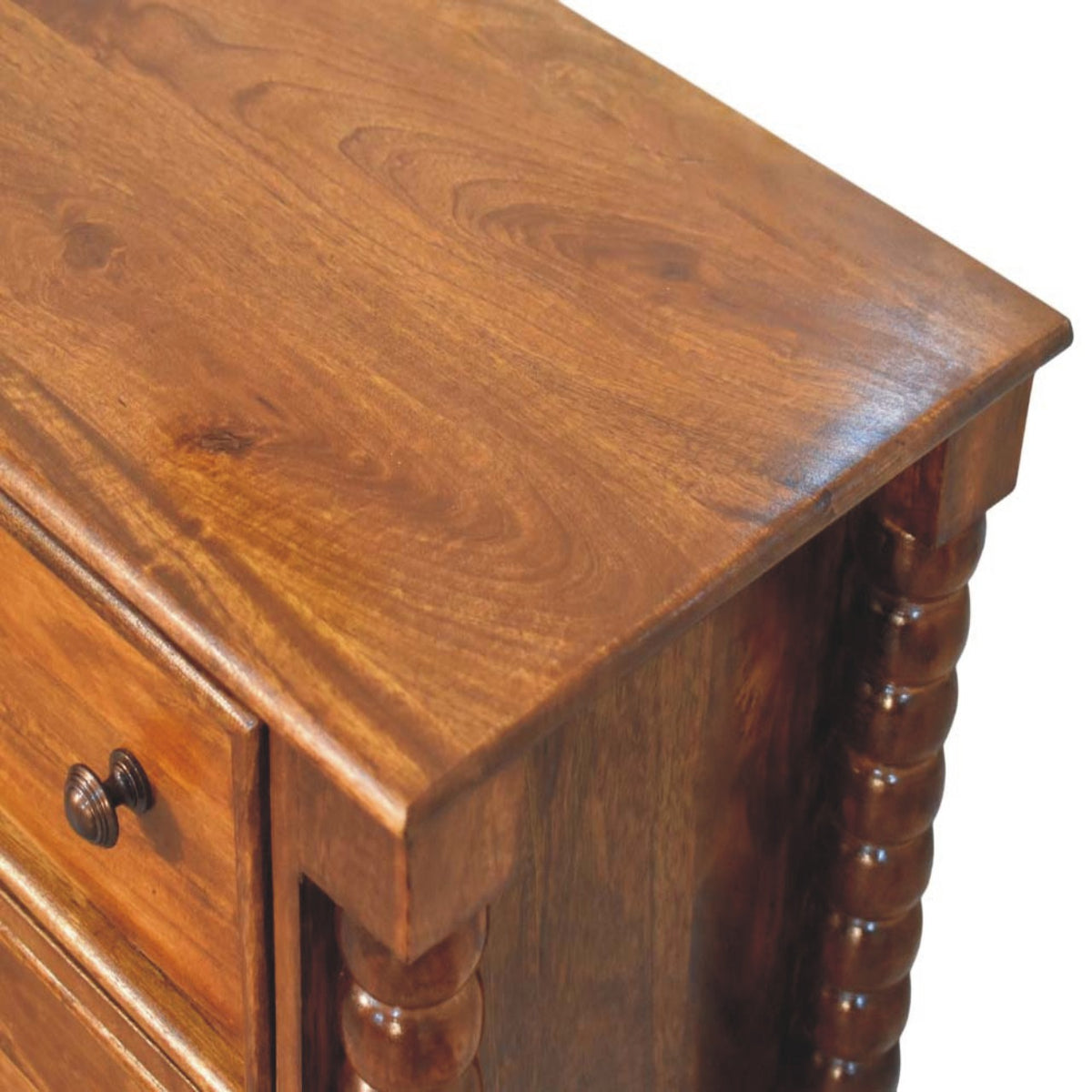 Chestnut Spindle Storage Chest in Solid Mango Wood - product view 4 showing handcrafted solid mango wood dresser