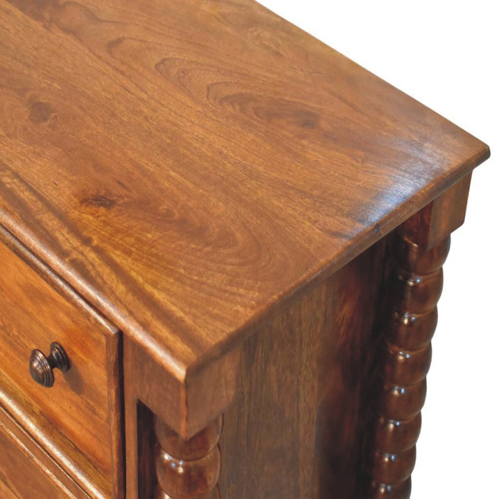 Chestnut Spindle Storage Chest in Solid Mango Wood - product view 4 showing handcrafted solid mango wood dresser