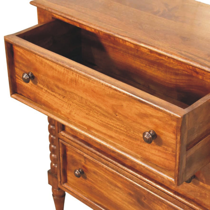 Chestnut Spindle Storage Chest in Solid Mango Wood - product view 5 showing handcrafted solid mango wood dresser