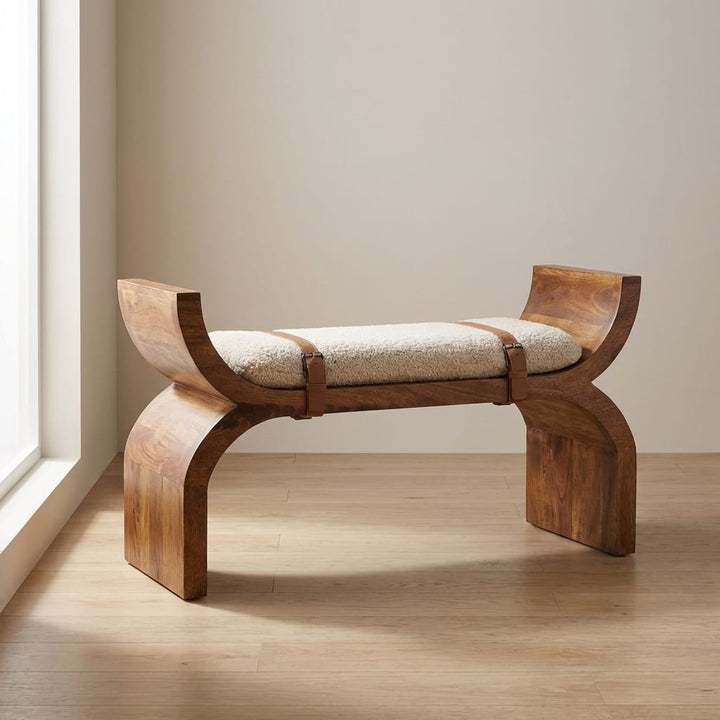 Stirrup Curve Bench - Solid Mango Wood Seating Furniture for Entryway - main view showing handcrafted solid mango wood bench