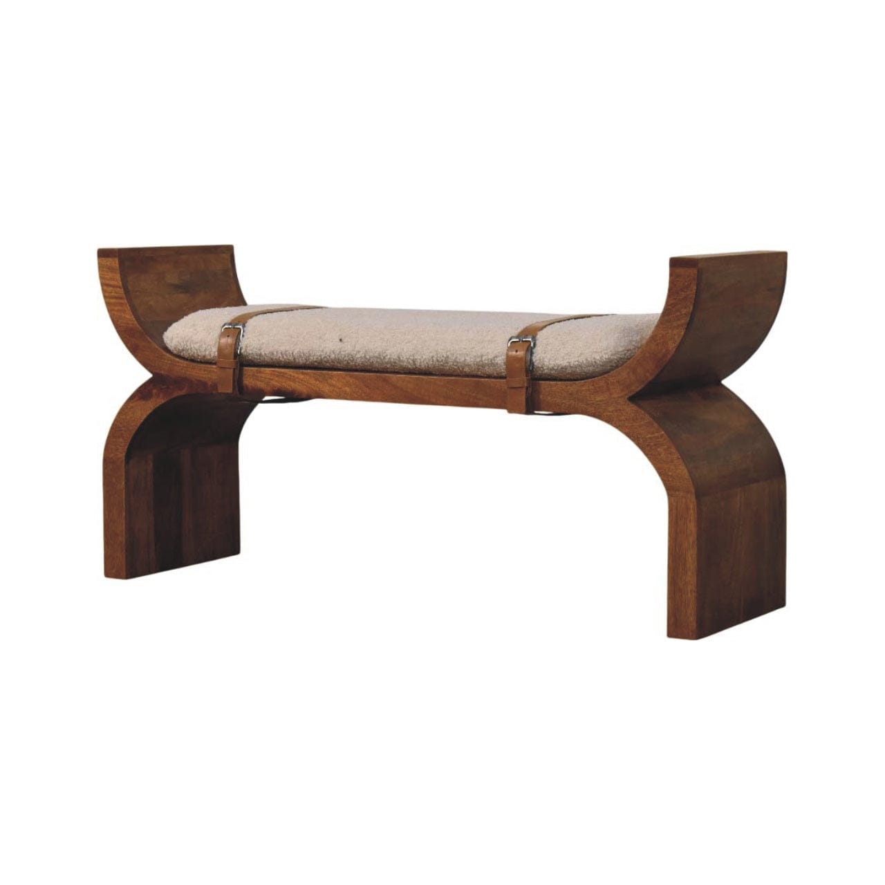 Stirrup Curve Bench - Solid Mango Wood Seating Furniture for Entryway - product view 2 showing handcrafted solid mango...