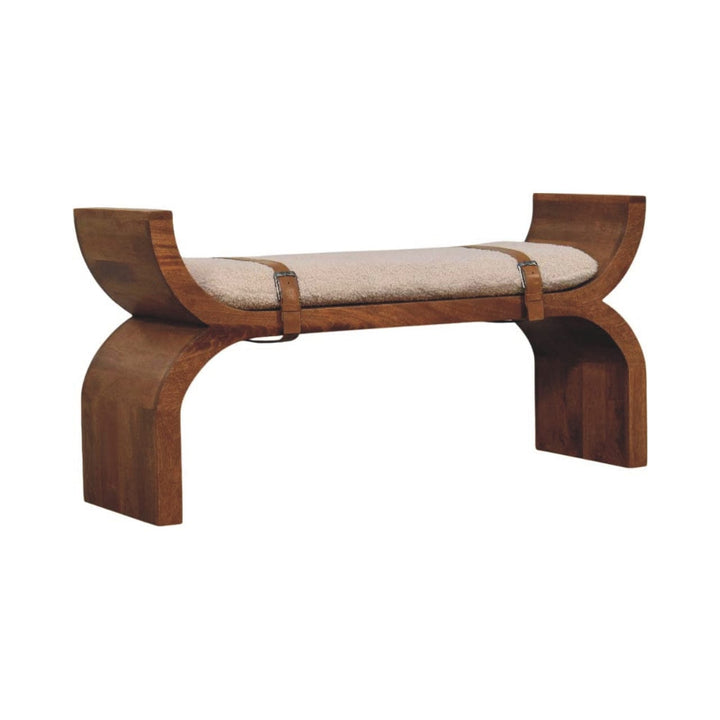 Stirrup Curve Bench - Solid Mango Wood Seating Furniture for Entryway - product view 3 showing handcrafted solid mango...