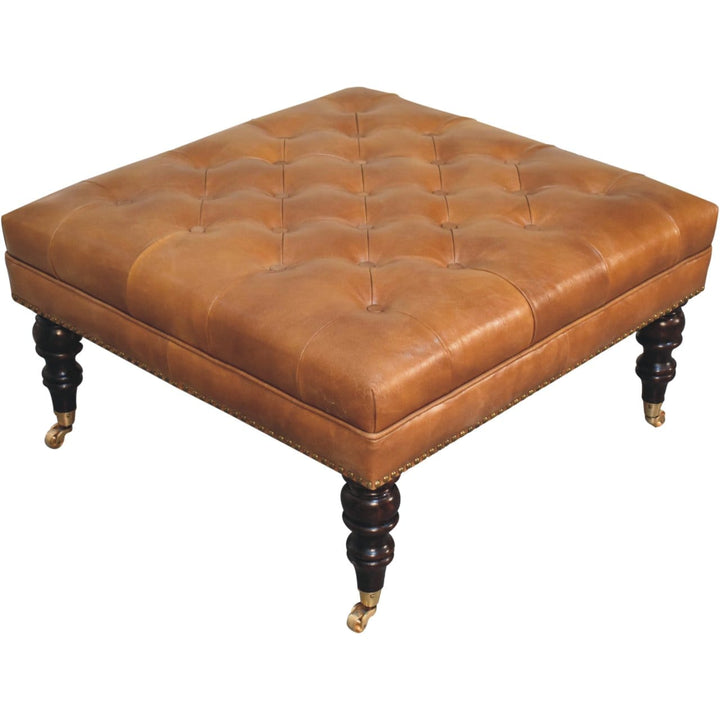 Studded Buffalo Tan Leather Ottoman - Solid Mango Wood Accent Stool for Living Room - product view 6 showing handcrafted...