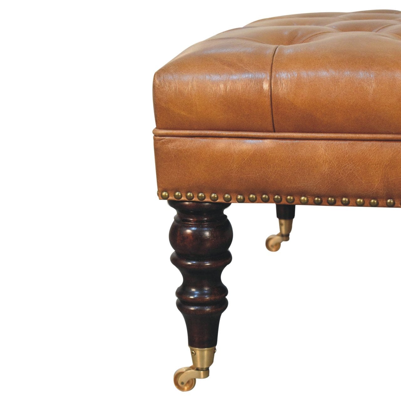 Studded Buffalo Tan Leather Ottoman - Solid Mango Wood Accent Stool for Living Room - product view 9 showing handcrafted...