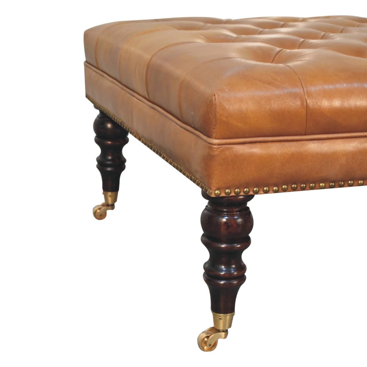 Studded Buffalo Tan Leather Ottoman - Solid Mango Wood Accent Stool for Living Room - product view 7 showing handcrafted...