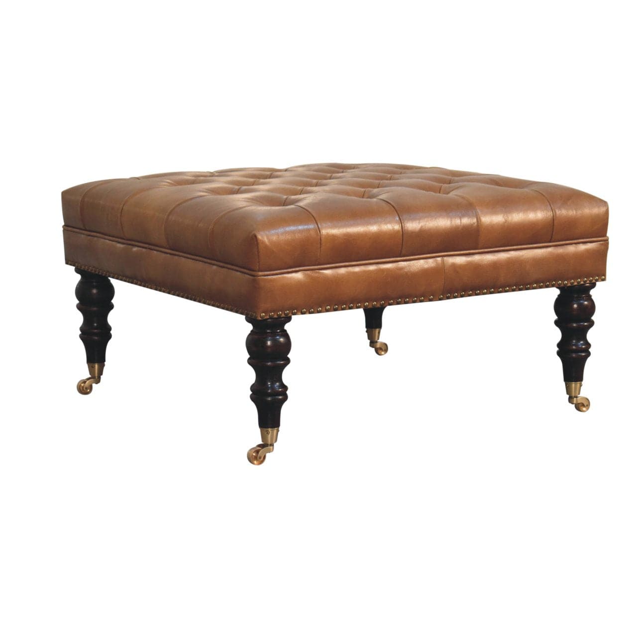 Studded Buffalo Tan Leather Ottoman - Solid Mango Wood Accent Stool for Living Room - product view 4 showing handcrafted...