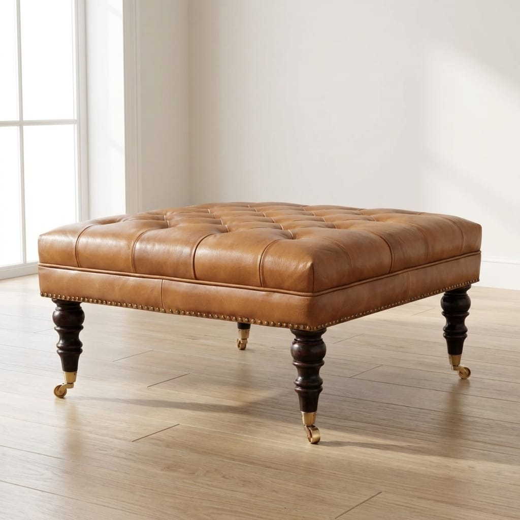 Studded Buffalo Tan Leather Ottoman - Solid Mango Wood Accent Stool for Living Room - main view showing handcrafted solid...