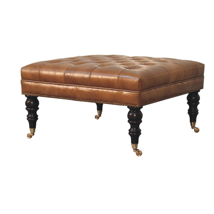 Studded Buffalo Tan Leather Ottoman - Solid Mango Wood Accent Stool for Living Room - product view 3 showing handcrafted...