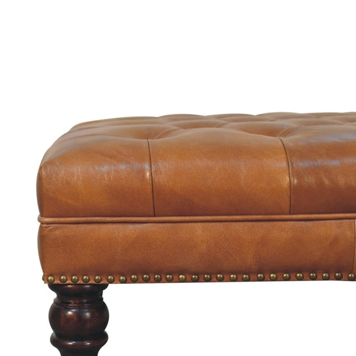 Studded Buffalo Tan Leather Ottoman - Solid Mango Wood Accent Stool for Living Room - product view 5 showing handcrafted...