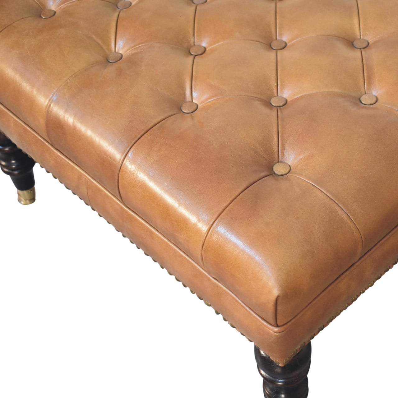 Studded Buffalo Tan Leather Ottoman - Solid Mango Wood Accent Stool for Living Room - product view 8 showing handcrafted...