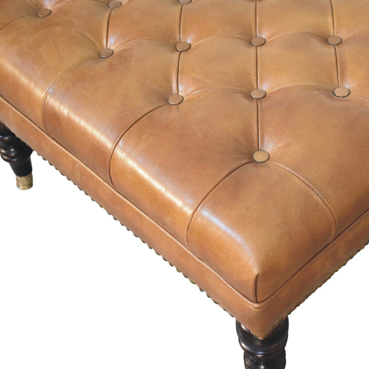 Studded Buffalo Tan Leather Ottoman - Solid Mango Wood Accent Stool for Living Room - product view 8 showing handcrafted...