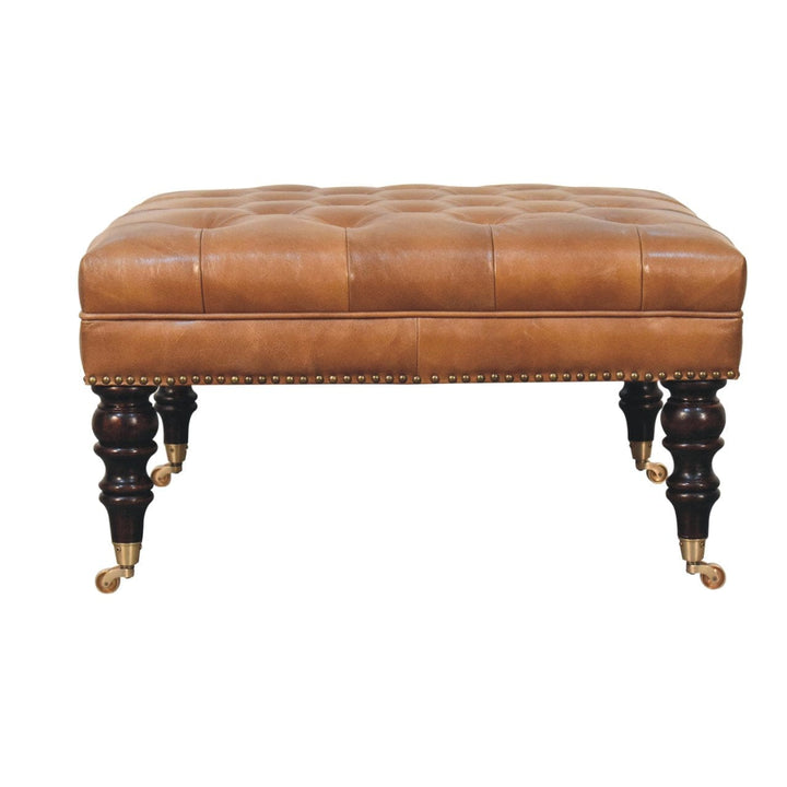 Studded Buffalo Tan Leather Ottoman - Solid Mango Wood Accent Stool for Living Room - product view 2 showing handcrafted...