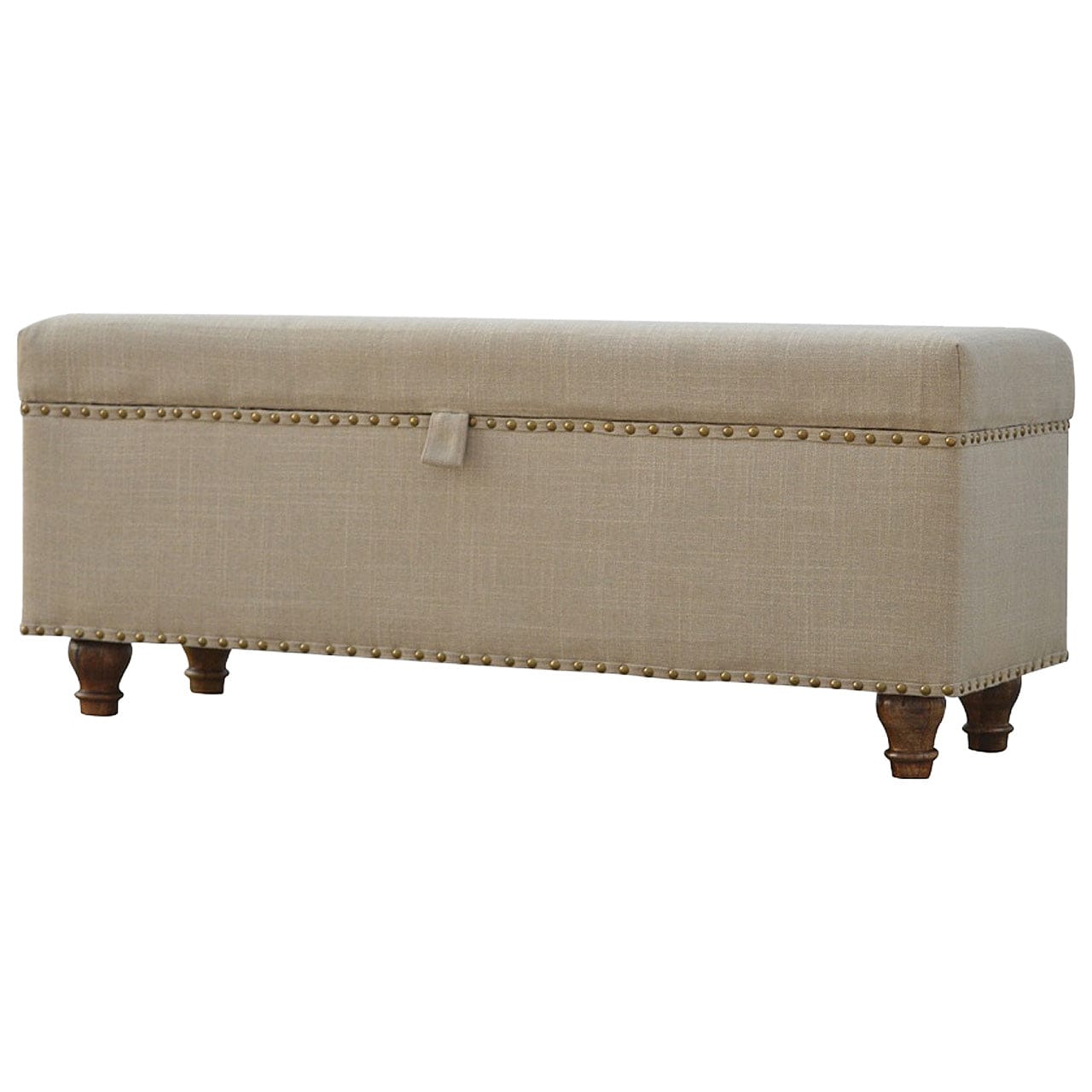 Studded Linen Lid-up Bench - Solid Mango Wood Seating Furniture for Entryway - main view showing handcrafted solid mango...