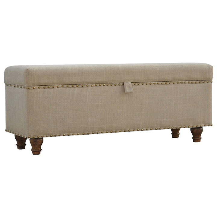 Studded Linen Lid-up Bench - Solid Mango Wood Seating Furniture for Entryway - product view 2 showing handcrafted solid...