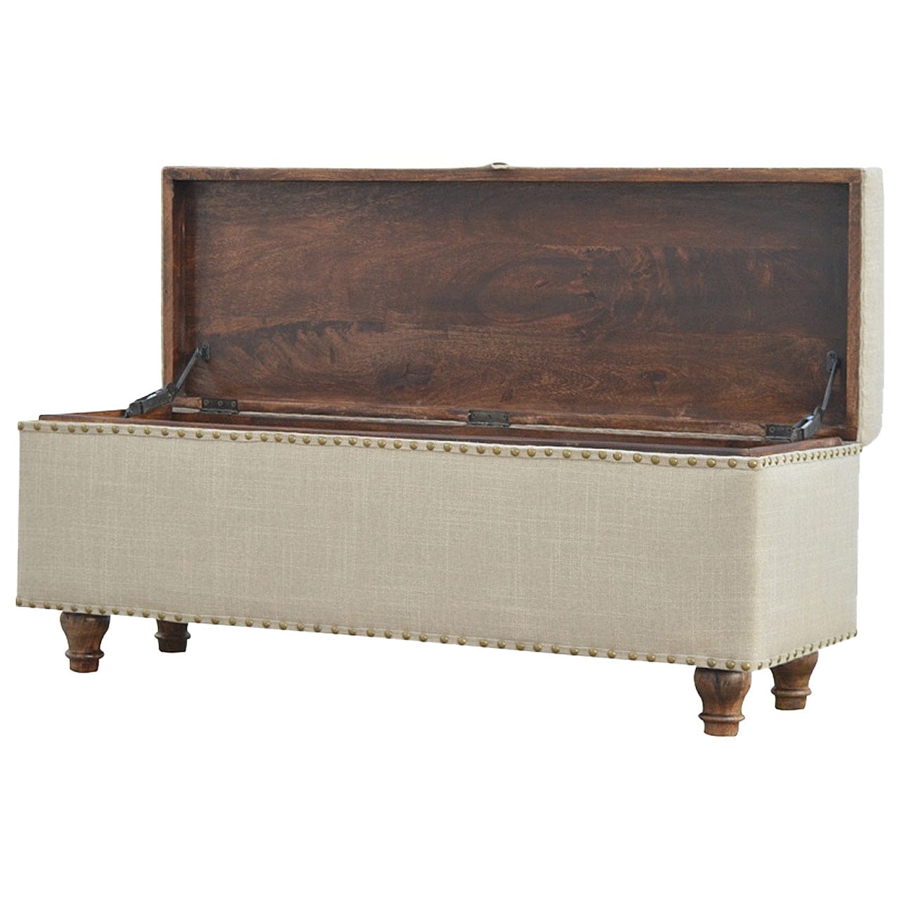 Studded Linen Lid-up Bench - Solid Mango Wood Seating Furniture for Entryway - product view 4 showing handcrafted solid...