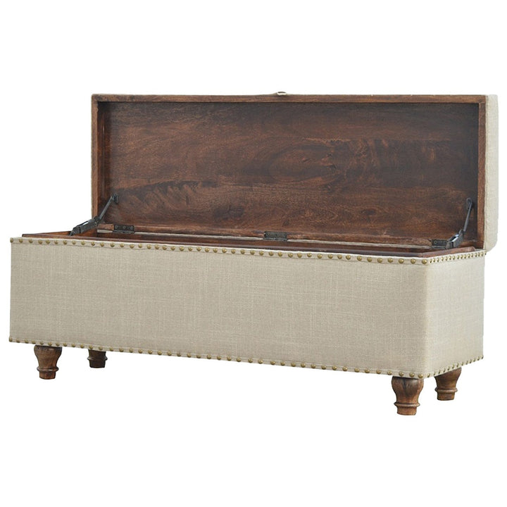 Studded Linen Lid-up Bench - Solid Mango Wood Seating Furniture for Entryway - product view 4 showing handcrafted solid...