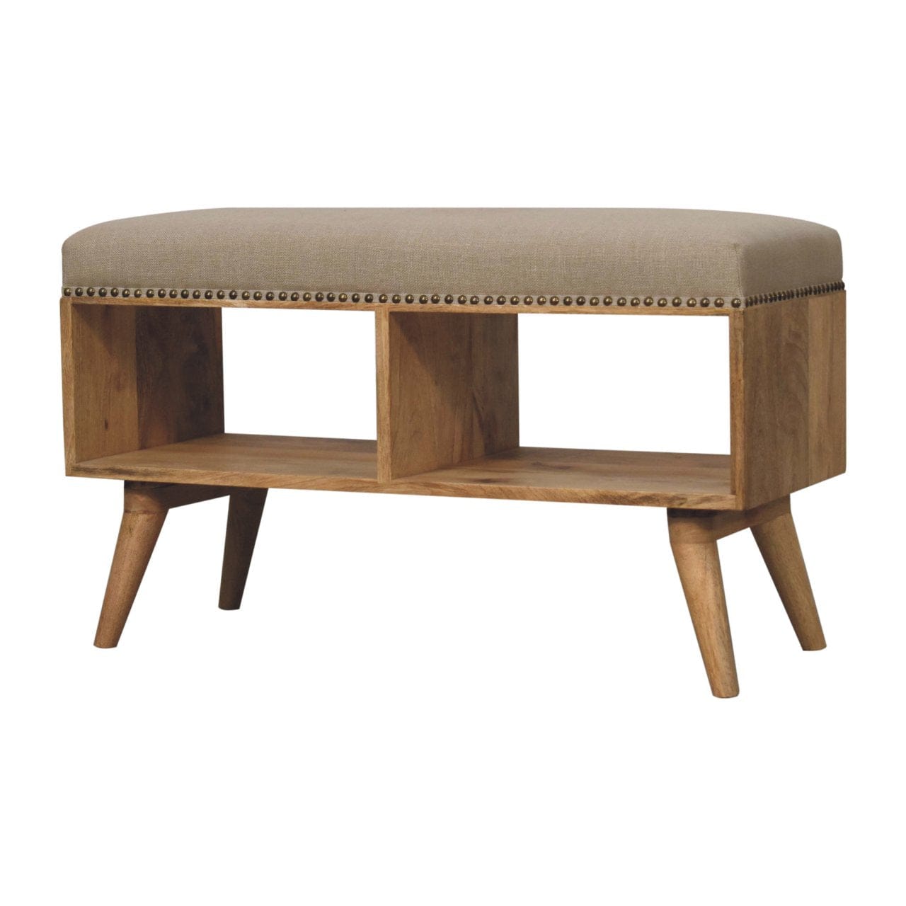 Studded Linen Open Bench - Solid Mango Wood Seating Furniture for Entryway - product view 4 showing handcrafted solid...