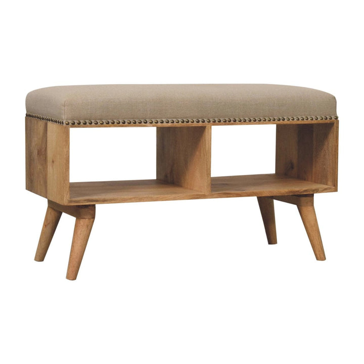 Studded Linen Open Bench - Solid Mango Wood Seating Furniture for Entryway - product view 3 showing handcrafted solid...