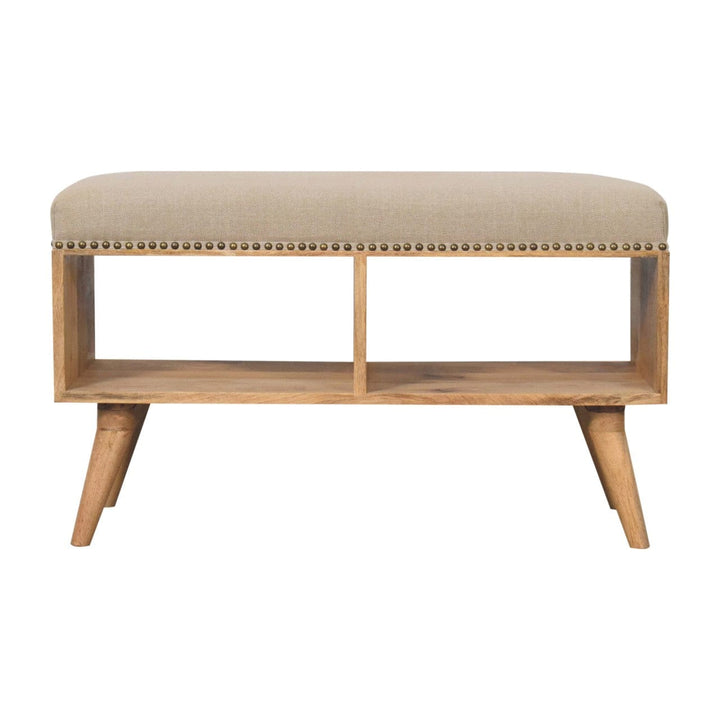 Studded Linen Open Bench - Solid Mango Wood Seating Furniture for Entryway - product view 2 showing handcrafted solid...