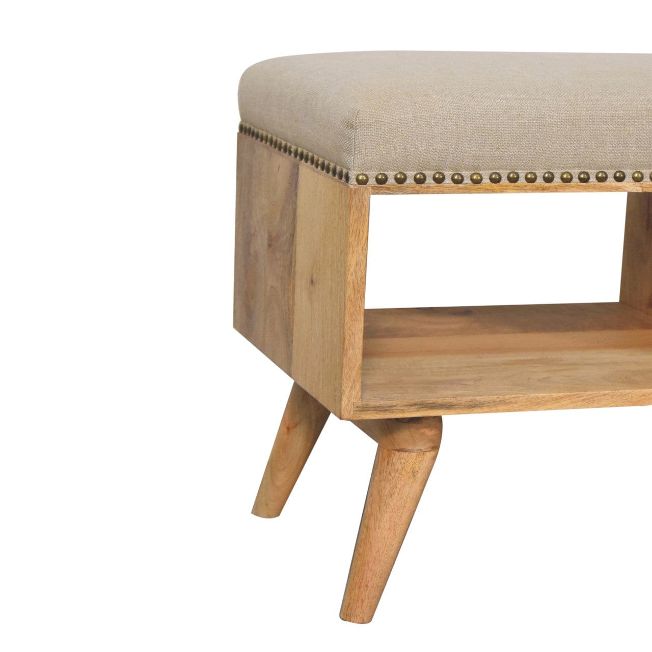 Studded Linen Open Bench - Solid Mango Wood Seating Furniture for Entryway - product view 9 showing handcrafted solid...