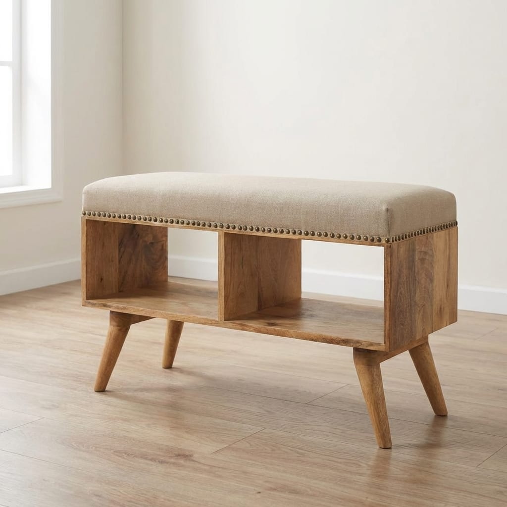 Studded Linen Open Bench - Solid Mango Wood Seating Furniture for Entryway - main view showing handcrafted solid mango...
