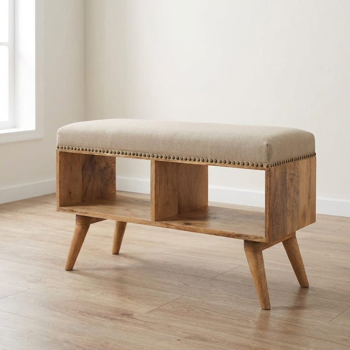 Studded Linen Open Bench - Solid Mango Wood Seating Furniture for Entryway - main view showing handcrafted solid mango...