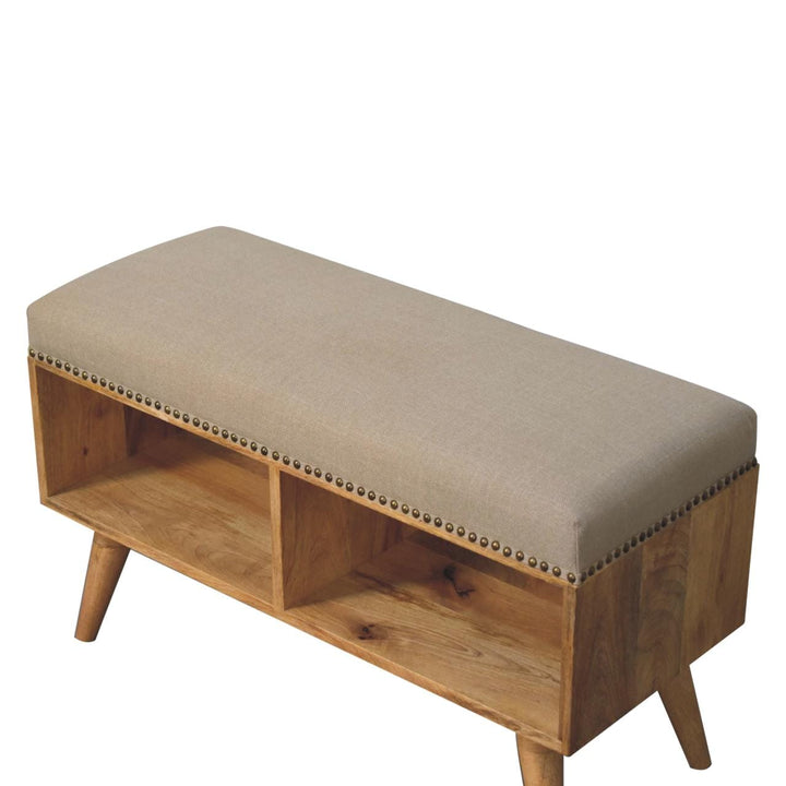 Studded Linen Open Bench - Solid Mango Wood Seating Furniture for Entryway - product view 7 showing handcrafted solid...