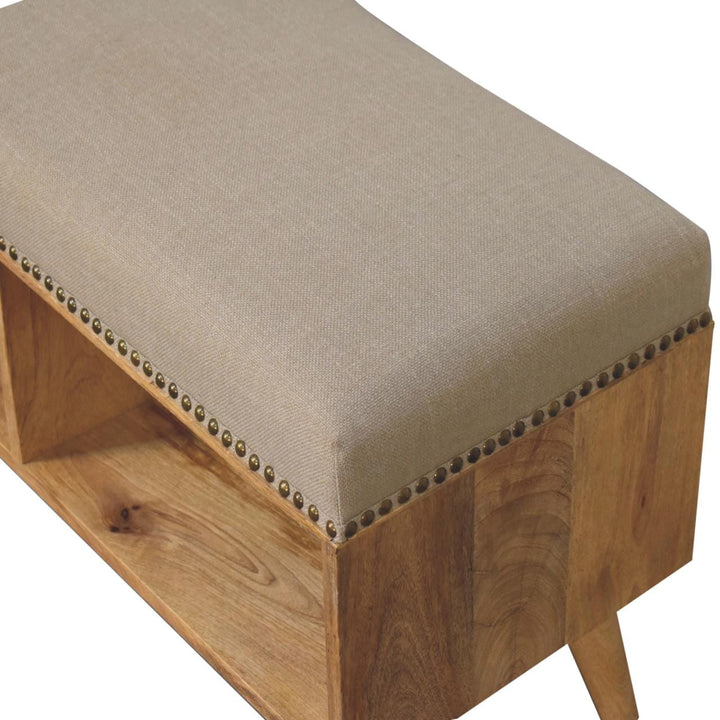 Studded Linen Open Bench - Solid Mango Wood Seating Furniture for Entryway - product view 6 showing handcrafted solid...