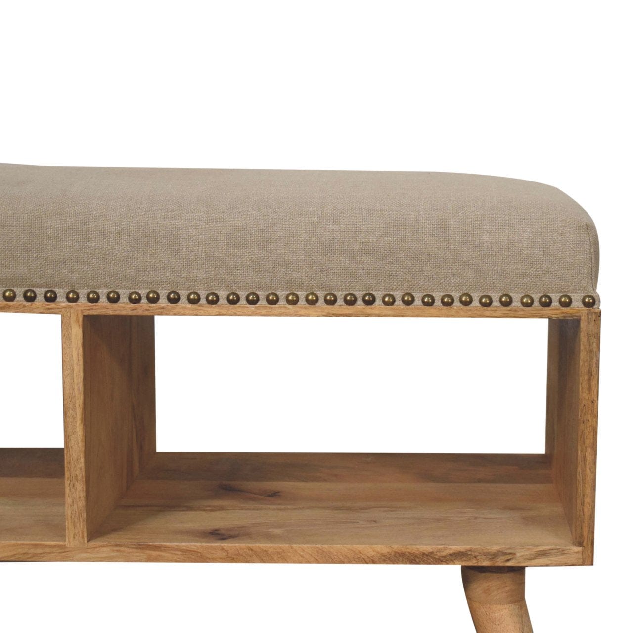 Studded Linen Open Bench - Solid Mango Wood Seating Furniture for Entryway - product view 5 showing handcrafted solid...