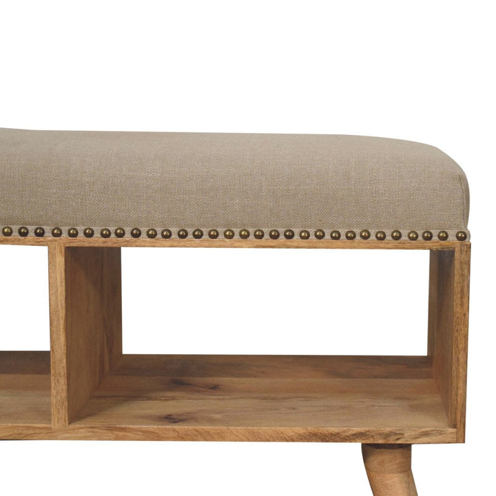 Studded Linen Open Bench - Solid Mango Wood Seating Furniture for Entryway - product view 5 showing handcrafted solid...