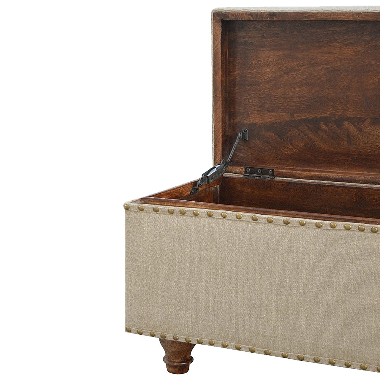 Studded Linen Lid-up Bench - Solid Mango Wood Seating Furniture for Entryway - product view 3 showing handcrafted solid...