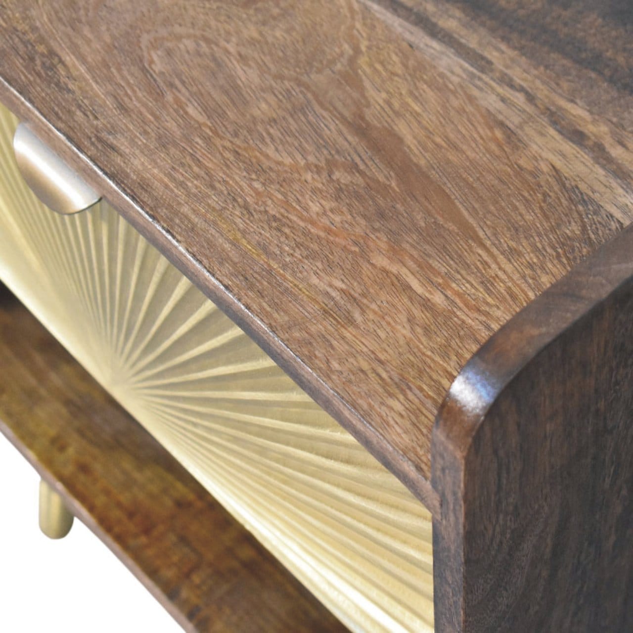 Sunburst Brass Inlay Bedside Table in Classic Grey - Solid Mango Wood Nightstand - product view 5 showing handcrafted...