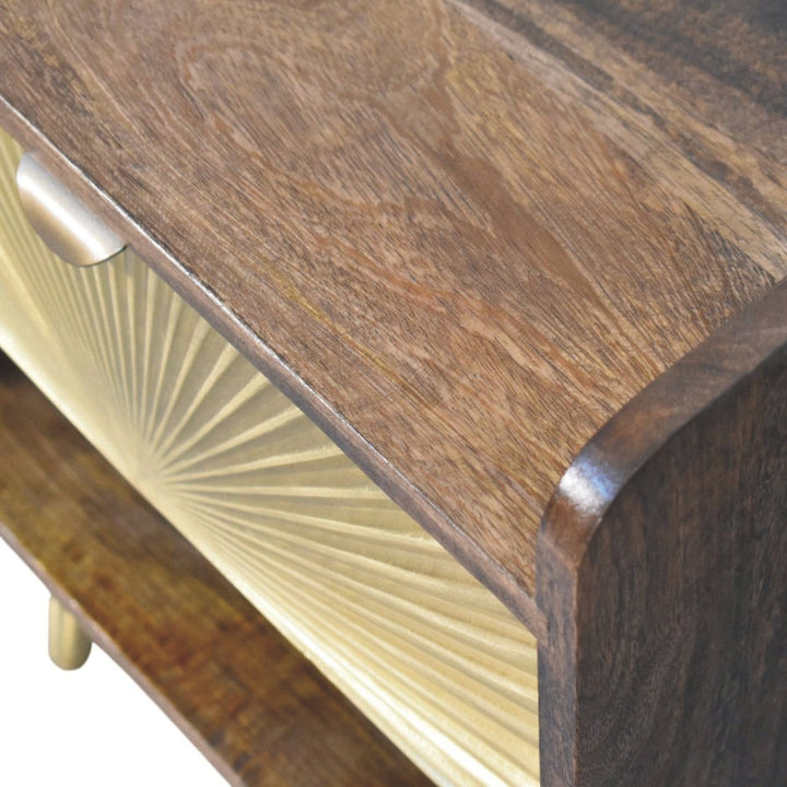 Sunburst Brass Inlay Bedside Table in Classic Grey - Solid Mango Wood Nightstand - product view 5 showing handcrafted...