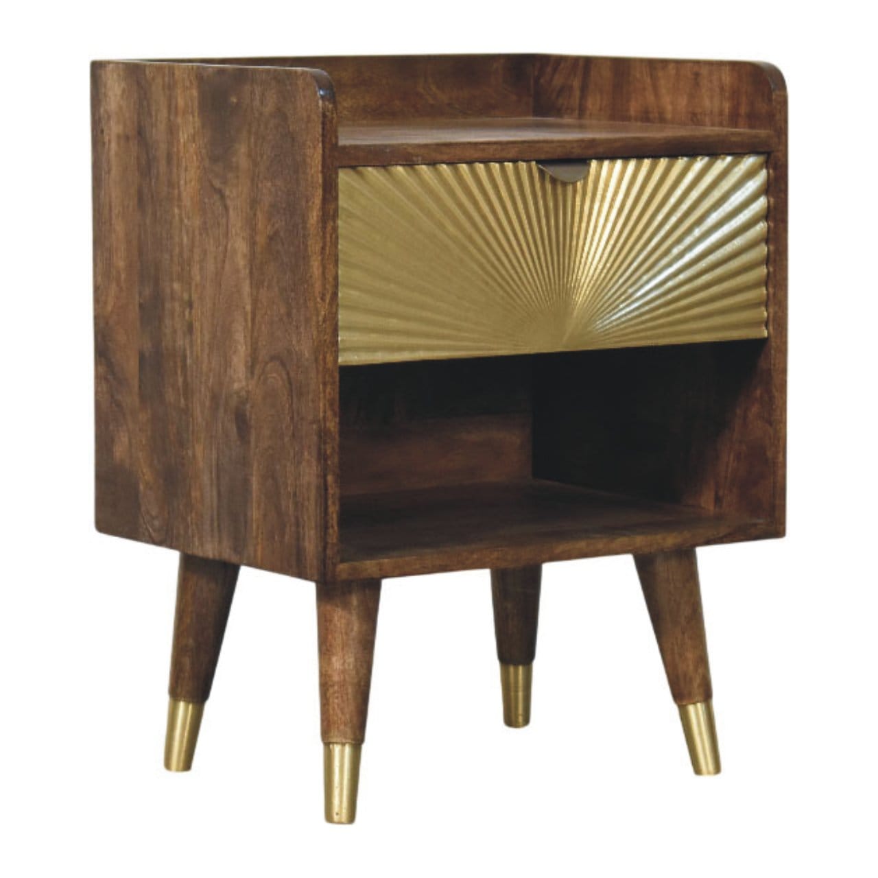 Sunburst Brass Inlay Bedside Table in Classic Grey - Solid Mango Wood Nightstand - product view 3 showing handcrafted...