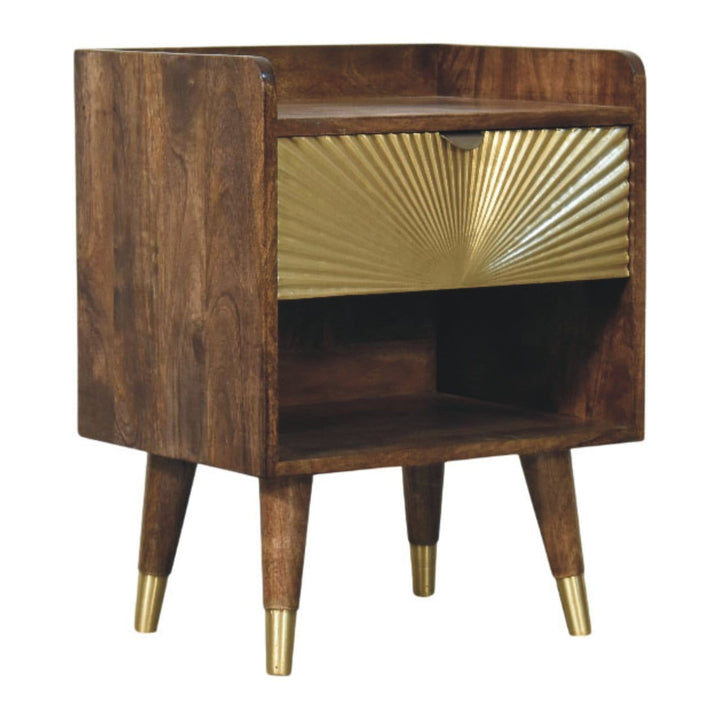 Sunburst Brass Inlay Bedside Table in Classic Grey - Solid Mango Wood Nightstand - product view 3 showing handcrafted...