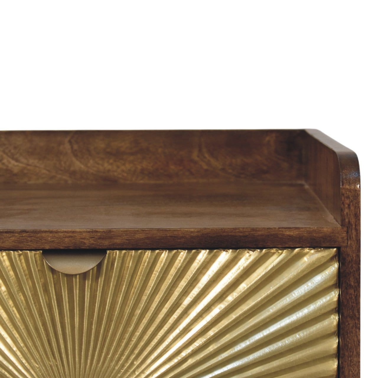 Sunburst Brass Inlay Bedside Table in Classic Grey - Solid Mango Wood Nightstand - product view 4 showing handcrafted...