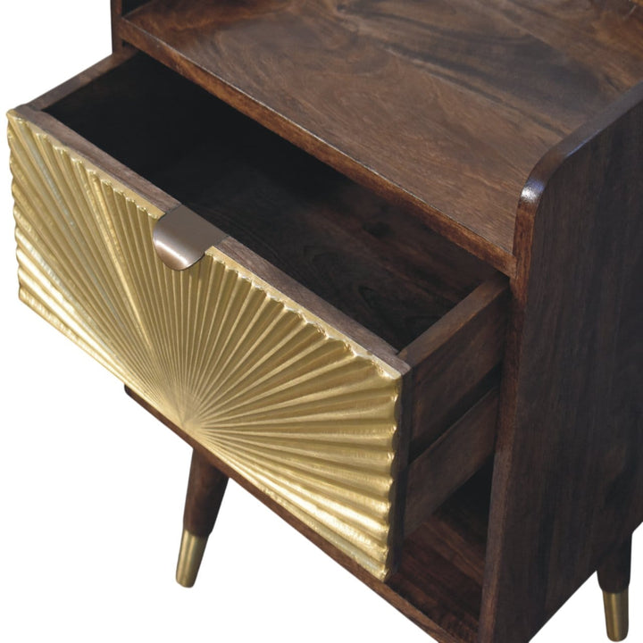 Sunburst Brass Inlay Bedside Table in Classic Grey - Solid Mango Wood Nightstand - product view 6 showing handcrafted...