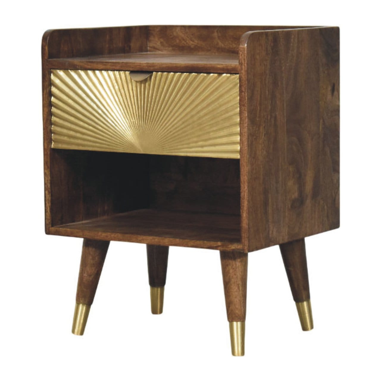 Sunburst Brass Inlay Bedside Table in Classic Grey - Solid Mango Wood Nightstand - product view 2 showing handcrafted...