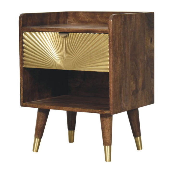 Sunburst Brass Inlay Bedside Table in Classic Grey - Solid Mango Wood Nightstand - product view 2 showing handcrafted...